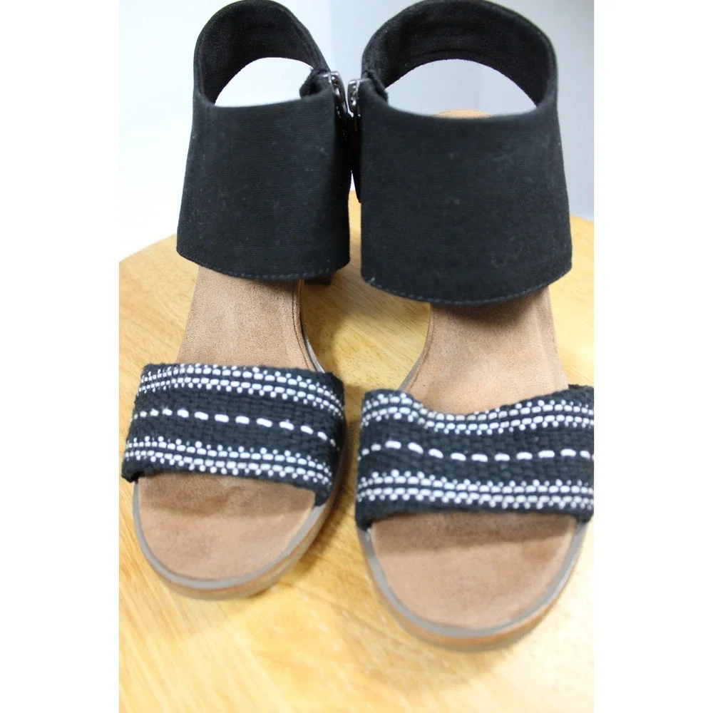 Toms Womens Heeled Sandals Size 9 Black Woven Ankle Strap Block Heel Open Toe